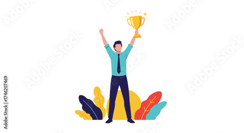 A person is celebrating success by holding a trophy above their head with raised hands.