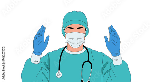 A medical professional wearing a surgical mask and gloves stands with hands raised, symbolizing preparedness and protection for healthcare workers.