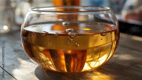 Close up of a clear glass filled with amber colored liquid and bubbles