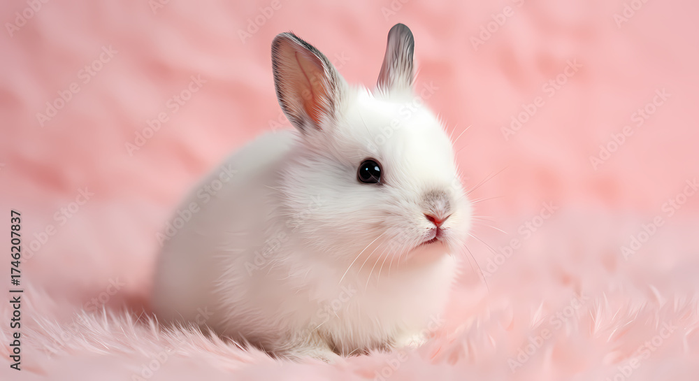 Obraz premium Fluffy White Bunny, Pink Background