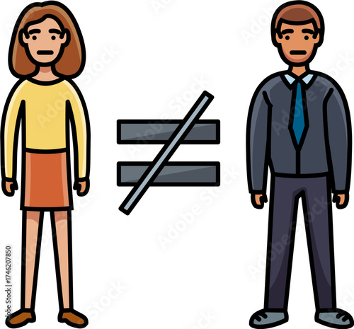 Cartoon illustration of gender inequality with a woman and man separated by a not equal sign