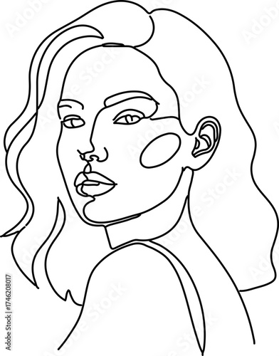 A minimalist one-line drawing of a woman with wavy hair