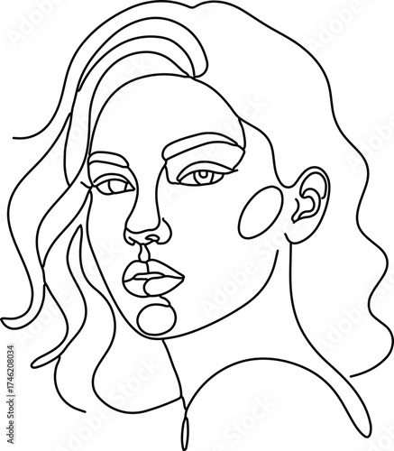 A minimalist one-line drawing of a woman with wavy hair