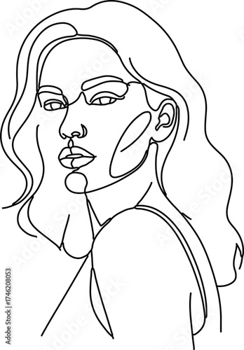 A minimalist one-line drawing of a woman with wavy hair