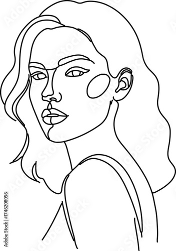 A minimalist one-line drawing of a woman with wavy hair