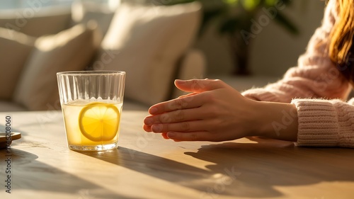 Woman warming hands around a glass of lemon water in sunlight