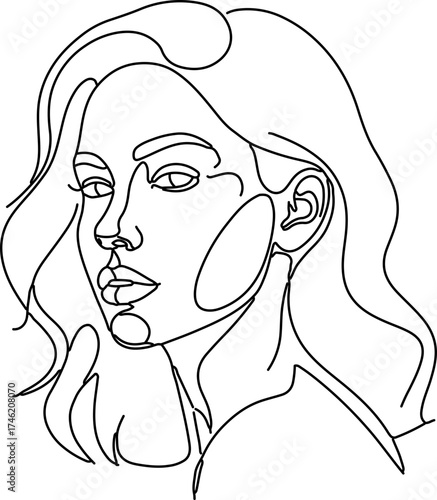 A minimalist one-line drawing of a woman with wavy hair