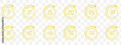 Set of circular countdown timer icons from 5 to 60 minutes. Timer, clock, stopwatch and cooking time icon set. 5, 10, 15, 20, 25, 30, 35, 40, 45, 50, 55, 60 minutes. Isolated vector illustration