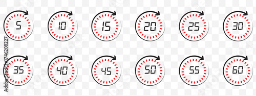 Set of circular countdown timer icons from 5 to 60 minutes. Timer, clock, stopwatch and cooking time icon set. 5, 10, 15, 20, 25, 30, 35, 40, 45, 50, 55, 60 minutes. Isolated vector illustration