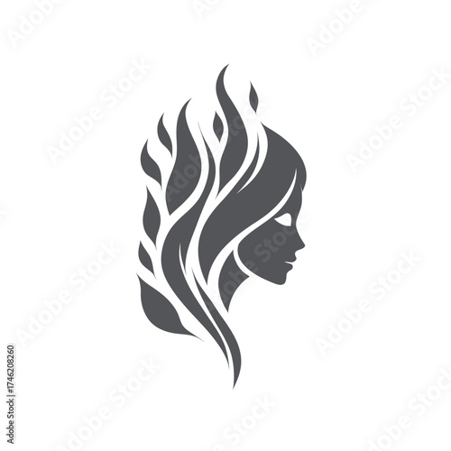 Silhouette of a woman with flowing hair resembling flames in a gray color scheme on a white background