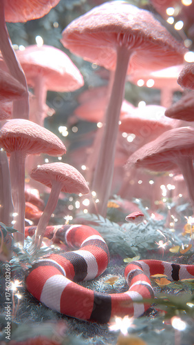 Tall mushrooms bathed in bioluminescent light rise from mossy ground, creating an otherworldly forest glow. The composition captures wonder and serenity in balance.