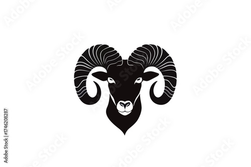 Illustration of a ram head with large curved horns in black and white on a plain white background
