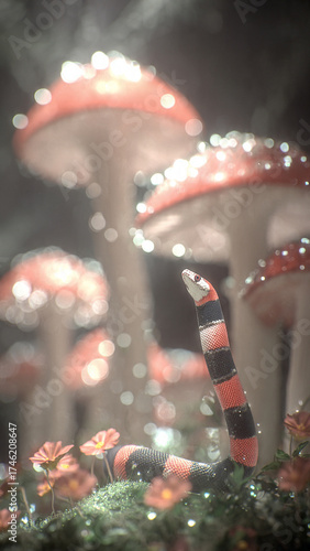 A cluster of glowing mushrooms emerging from the misty forest floor, bathed in soft pink and amber light. The composition blends natural forms with a fairytale-like atmosphere.