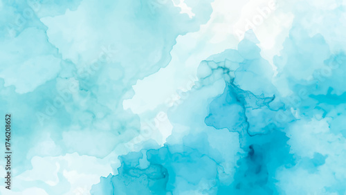 Ethereal Abstract Blue and Cyan Watercolor Wash Background with Subtle Indigo Marbling and Flowing. Fluid texture with smooth gradients and cloud.