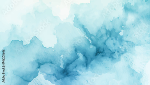 Ethereal Abstract Blue and Cyan Watercolor Wash Background with Subtle Indigo Marbling and Flowing. Fluid texture with smooth gradients and cloud.
