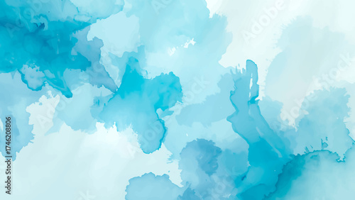Ethereal Abstract Blue and Cyan Watercolor Wash Background with Subtle Indigo Marbling and Flowing. Fluid texture with smooth gradients and cloud.