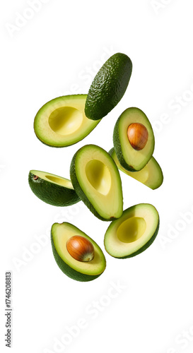 Fresh Ripe Avocados Halved and Whole Suspended Mid-Air Against a Clean White Background