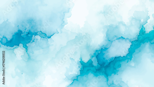 Ethereal Abstract Blue and Cyan Watercolor Wash Background with Subtle Indigo Marbling and Flowing. Fluid texture with smooth gradients and cloud.