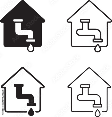 Plumbing Heating icon set, plumbing water pipe symbol, plumbing home repair icon, black vector plumbing, heating, maintenance, installation, construction, service, renovation, home improvement