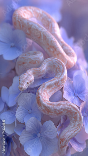 A macro fantasy portrait of a snake basking under subtle pink and blue lighting, surrounded by petals. The shot highlights smooth scales with a pearlescent sheen, enhancing the dreamlike ambience.
