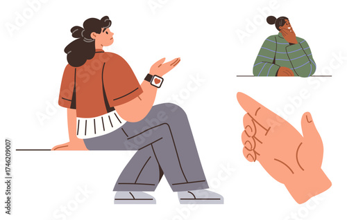 Individuals engaged in conversation one gesturing, another listening thoughtfully. Ideal for communication, teamwork, diversity, dialogue, negotiation, teaching, presenting simple flat metaphor