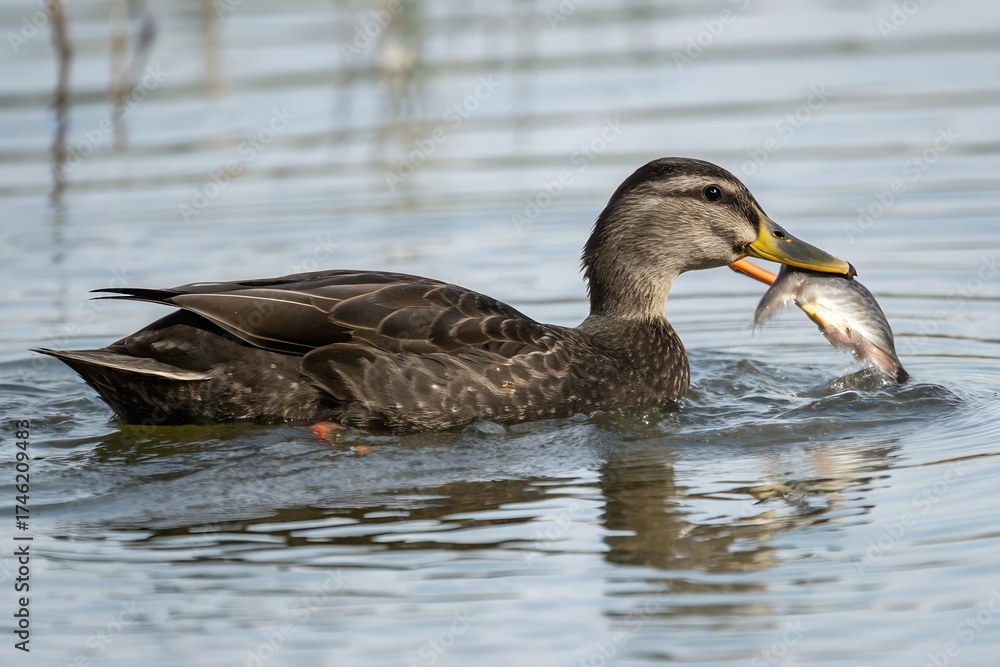 Fototapeta premium American Black Duck Catching Fish Isolated