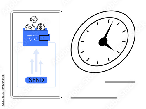 Digital wallet on smartphone sending cryptocurrency with arrows, coins, and send button next to analog clock for fast transaction representation. Ideal for online payments, fintech, cryptocurrency