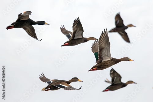 Flock of American Black Ducks Isolated on White