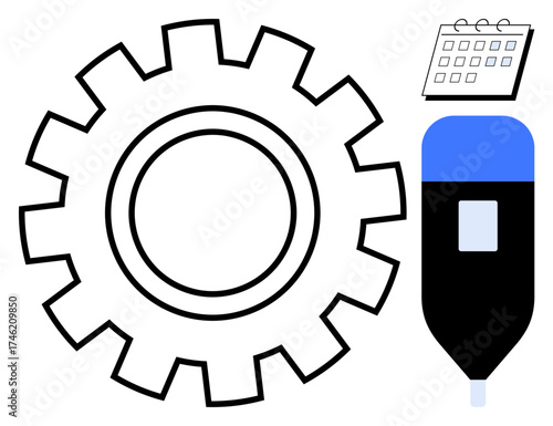 Large gear beside a marker and calendar. Ideal for themes thumbs up productivity, organization, management, planning, workflow, innovation, and collaboration. Simple flat metaphor