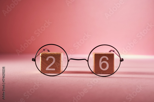 eyeglasses on toy block with number 26