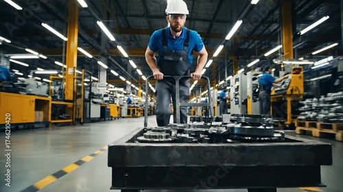 Industrial worker transporting materials on push cart in modern factory