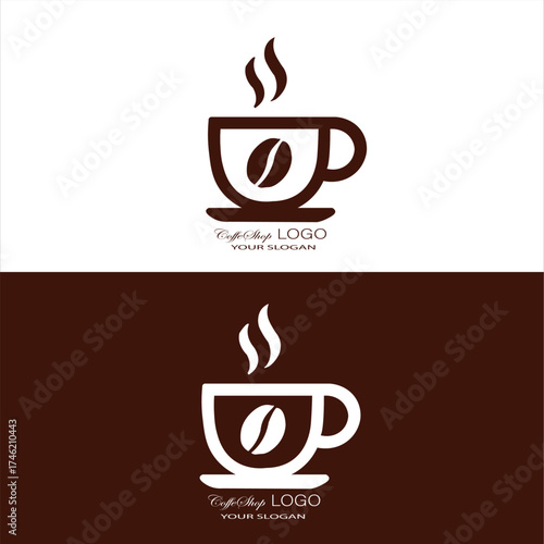 Simple coffee shop logo design featuring a steaming cup with a coffee bean icon, shown in brown on white and white on brown variations.