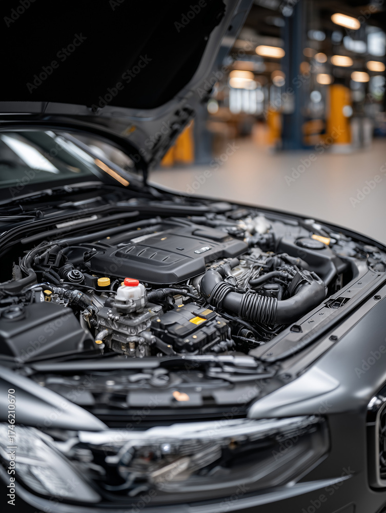 Fototapeta premium Open car hood with modern engine