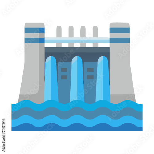 A blue hydropower dam with water flowing into the river