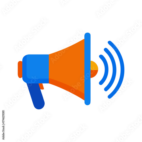 A bright orange and blue megaphone emitting sound waves