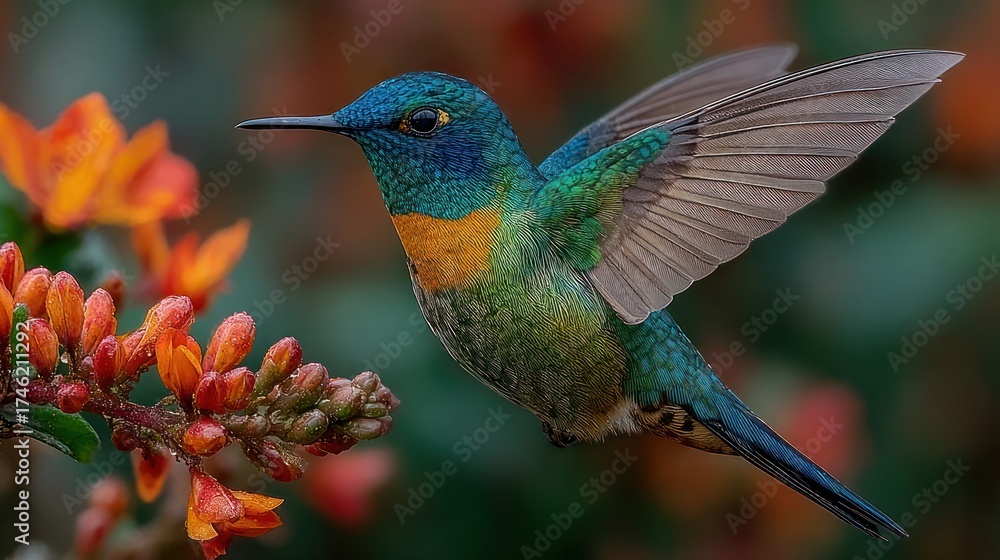 Fototapeta premium A stunning hummingbird with iridescent feathers hovers near vibrant orange flowers, its wings blurred with motion