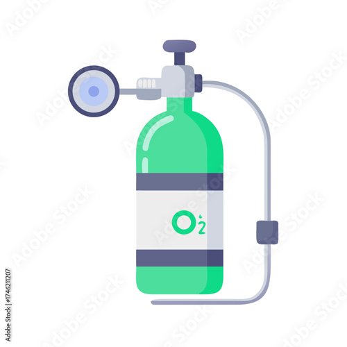 A green oxygen tank with a gauge and hose for medical use