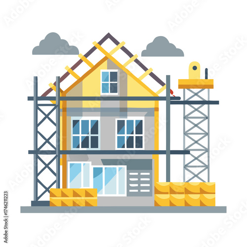 A gray house under construction with scaffolding and clouds