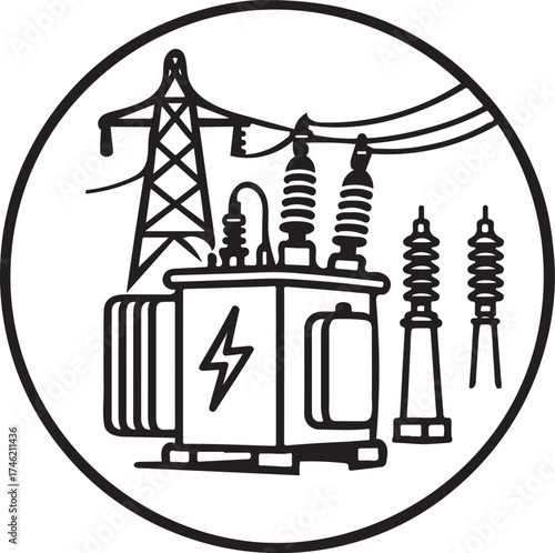 Electrical Substation icon, power generation symbol, energy transformer icon, black circle vector for electricity, grid, industry, current, voltage, power line, distribution, energy, utility