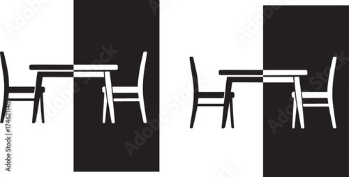 Dining Table icon, furniture design symbol, black white half contrast vector, minimalist modern home decor, table and chair interior layout, symmetry, dining room, restaurant, meal, design