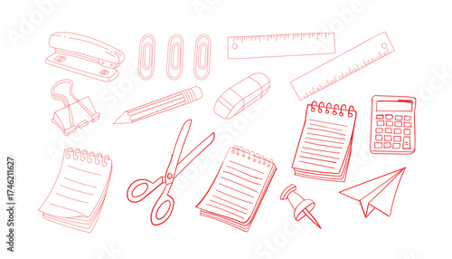 Collection of red hand drawn doodle, paperclip, binder clip, pencil, eraser, ruler, scissors, notebook stationery items isolated on white background