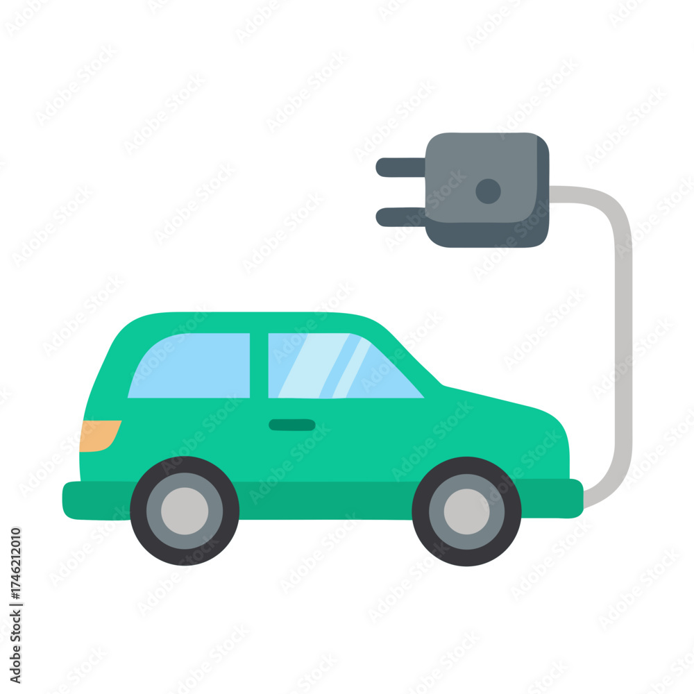 Naklejka premium Green Electric Car Connected to Charging Cable Icon