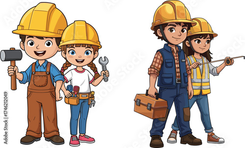 Cartoon construction workers, kids and adults, teamwork, safety gear, gender equality, learning profession, builder tools, DIY, engineering, career inspiration