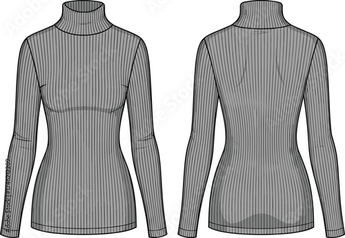 Women fitted ribbed turtleneck top fashion illustration, technical drawing, long sleeve design, front and back view, garment sketch, apparel template