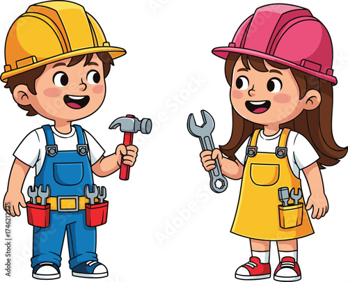 Cartoon children construction workers, teamwork, tools, hard hats, DIY learning, playful building, kids engineering, safety gear, educational activity, vector illustration