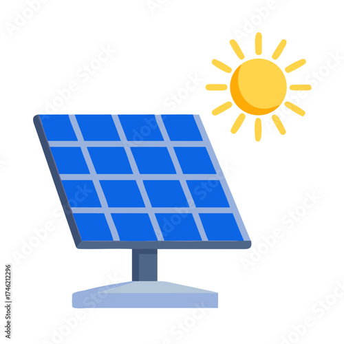 Solar Panel and Sun Icon in Flat Color Style