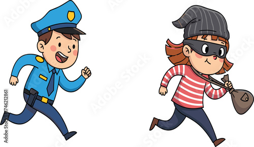 Cartoon police officer chasing thief, crime scene illustration, law enforcement action, female burglar escape, dynamic pursuit, justice, arrest, cartoon style