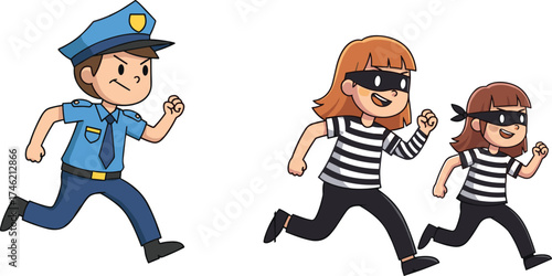 Cartoon police officer chasing burglars, crime scene illustration, law enforcement pursuit, child and adult thief running, justice, action, arrest