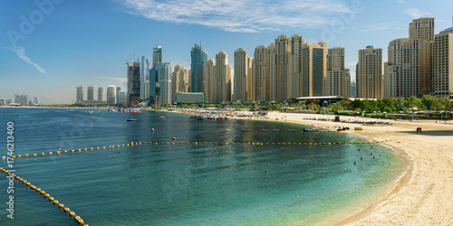 Panorama of the beach at Jumeirah Beach Residence, Dubai, United Arab Emirates.