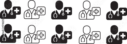 Medical icon set, healthcare cross symbol, hospital icon, black solid and line style, minimal stroke vector for clinic, first aid, doctor, nurse, emergency, pharmacy, patient, treatment, care